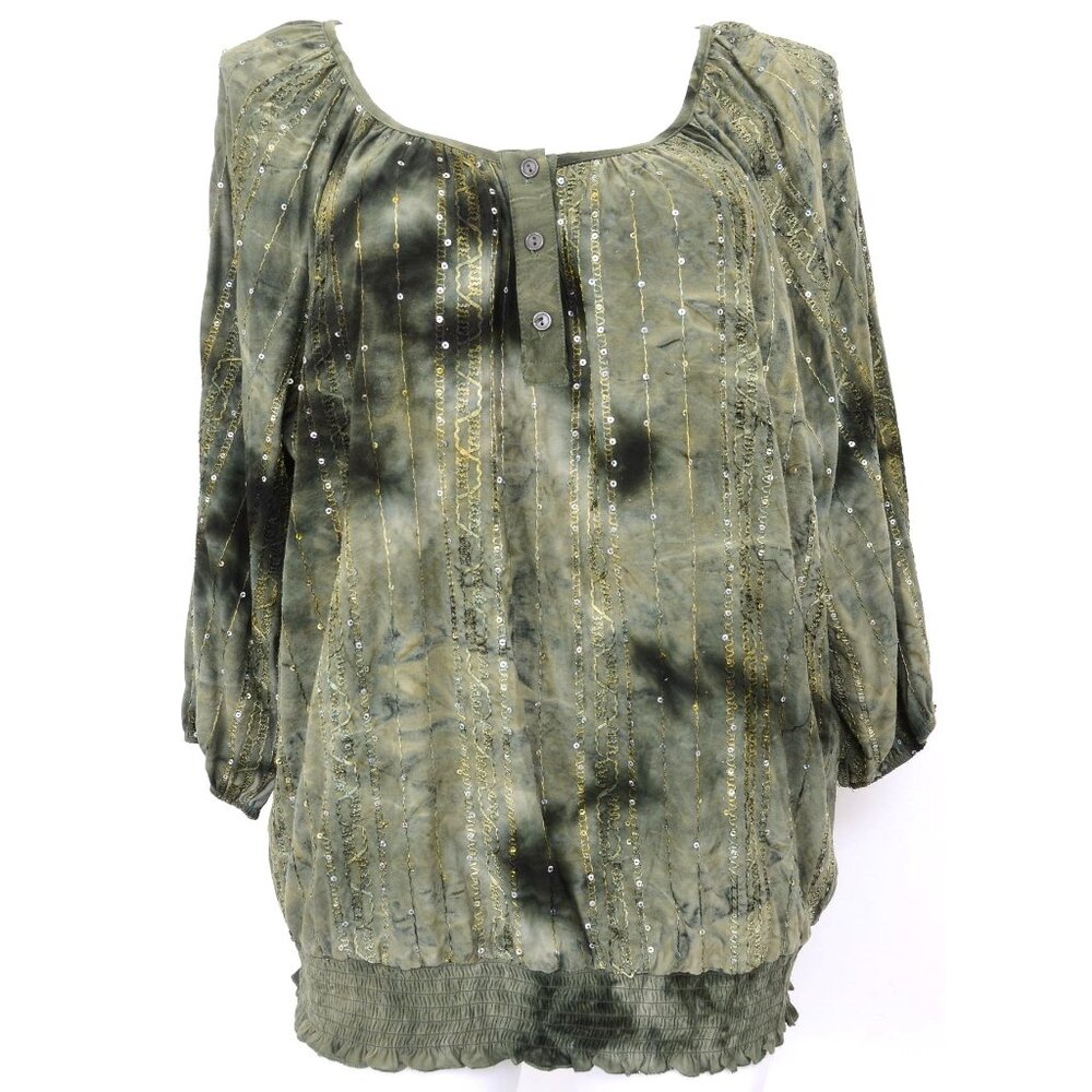 Dressbarn Woman PLUS 3X Green Sparkly 3/4 Sleeve Buttons Blouse Top Stretchy